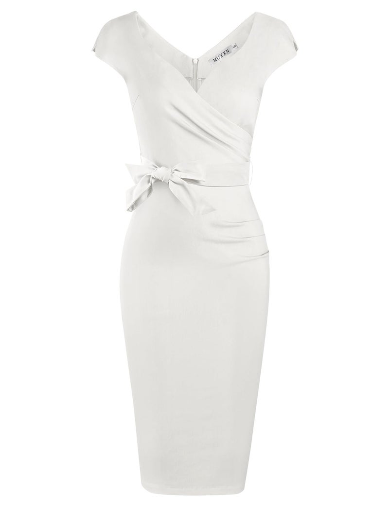 MUXXN Women's Lady Classic Short Sleevel V Neck Midi Pencil Special Occasion Dress Off White XL - Image 5